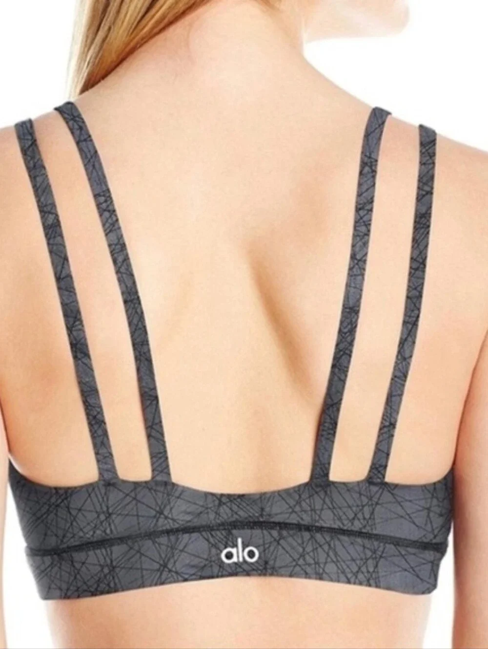 ALO Yoga Work It Out Sports Bra Strappy Pilates Athletic Low Impact Gray Sz M